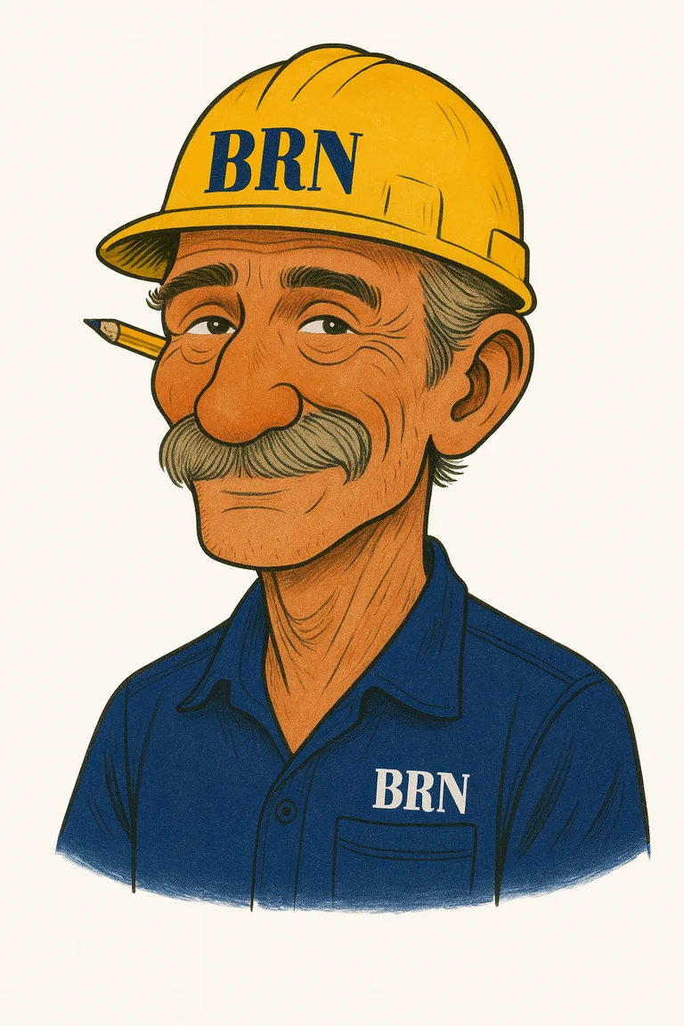 O Tião, assistente de Bruno Cunha: mestre de obra de 60 anos, capacete amarelo e camisa com o BRN, bigode grisalho e meio sorriso