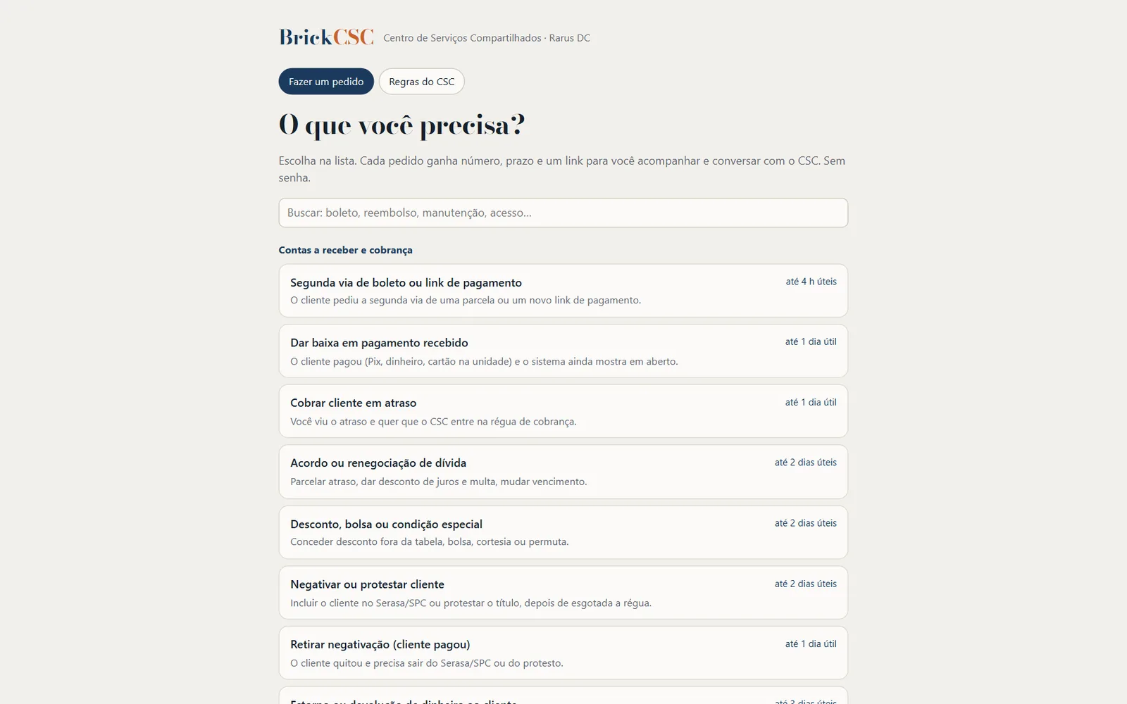 Tela Pedir ao CSC